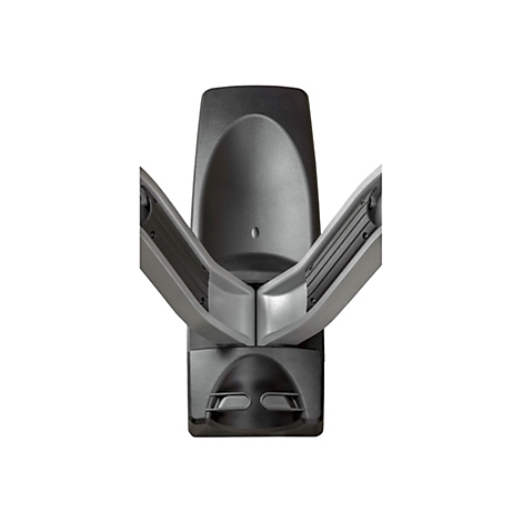 Draufsicht auf ein schwarzes Gerät mit ausklappbaren, grauen Seiten. Das Gerät hat eine runde Form mit leicht vertikalen Linien.