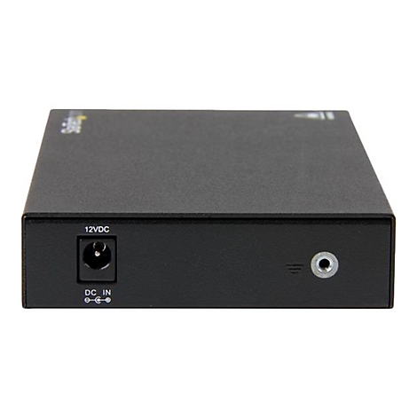Schwarzes elektronisches Gerät mit Anschlüssen, Beschriftung 12VDC und einem Logo.