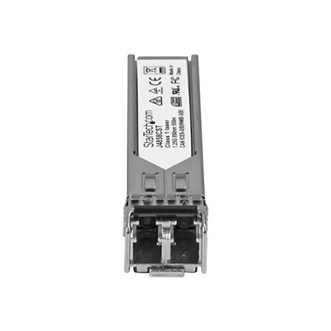 Émetteur-récepteur SFP en métal avec le logo StarTech.com et les détails du produit. Inscription : J4858CST, Classe 1 Laser, 1.25G 850nm 550m.