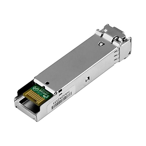 Émetteur-récepteur SFP en métal avec circuit imprimé. Autocollant avec code-barres et marquages. Vue détaillée.