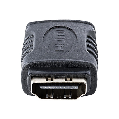 Nahaufnahme eines schwarzen HDMI-Adapters. Der Adapter hat das HDMI-Logo und Metallanschlüsse.