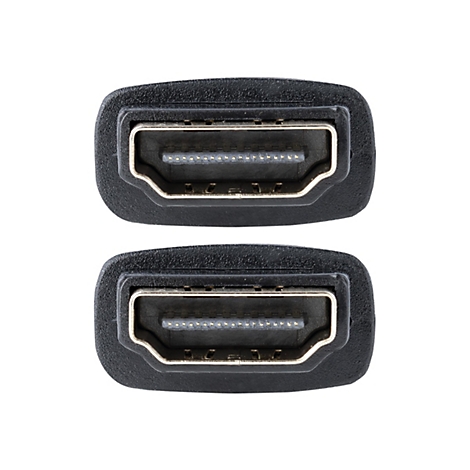Zwei schwarze HDMI-Stecker, Detailansicht, auf weißem Hintergrund. Die Metallpins sind gut erkennbar.