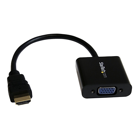 Schwarzer HDMI-auf-VGA-Adapter mit Kabel. VGA-Anschluss, HDMI-Stecker, StarTech.com Logo.