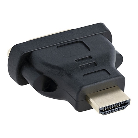 Schwarzer HDMI-DVI-Adapter mit goldenen Kontakten vor weißem Hintergrund.