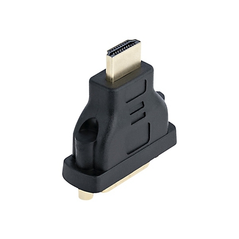 Ein schwarzer HDMI-auf-DVI-Adapter. Der goldfarbene HDMI-Stecker ist oben, schwarzer Kunststoffkörper mit drei Aussparungen und goldfarbener DVI-Stecker.