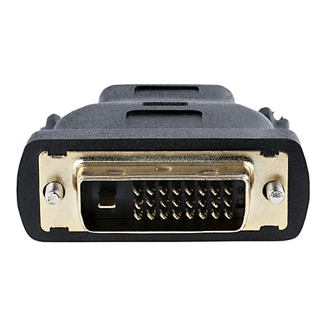 Nahaufnahme eines schwarzen DVI-Steckers mit goldenen Kontakten und Schrauben.