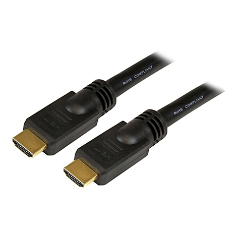 Zwei schwarze HDMI-Kabel mit vergoldeten Anschlüssen. Auf den Kabeln steht „RoHS COMPLIANT“.