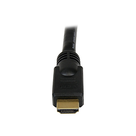 Nahaufnahme eines schwarzen HDMI-Kabels. Der Stecker ist goldfarben, die Kabelbeschriftung ist schwer zu entziffern.
