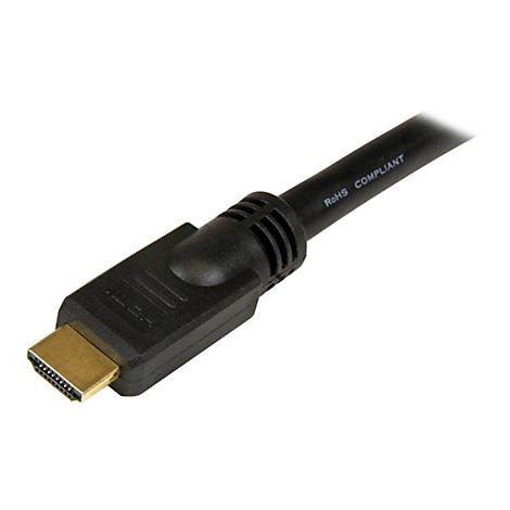 Nahaufnahme eines schwarzen HDMI-Kabels. Der Stecker ist goldfarben. Auf dem Kabel steht 'RoHS COMPLIANT'.