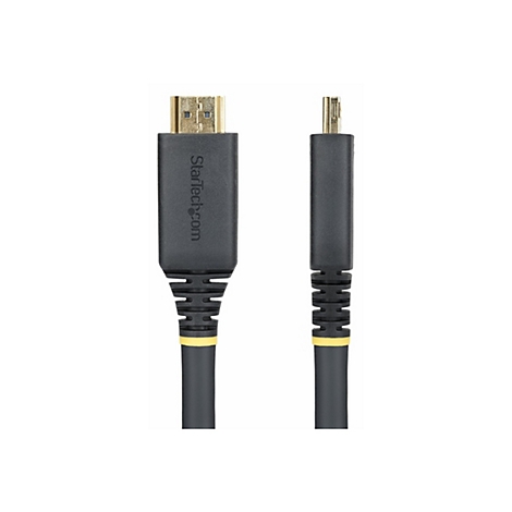 Ein schwarzes HDMI-Kabel mit goldenem Stecker. Auf dem Stecker steht StarTech.com. Das Kabel hat einen gelben Akzent.