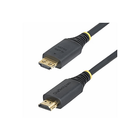 Ein schwarzes HDMI-Kabel mit vergoldeten Anschlüssen. Der Stecker ist mit 4K 60Hz 18GBps beschriftet.