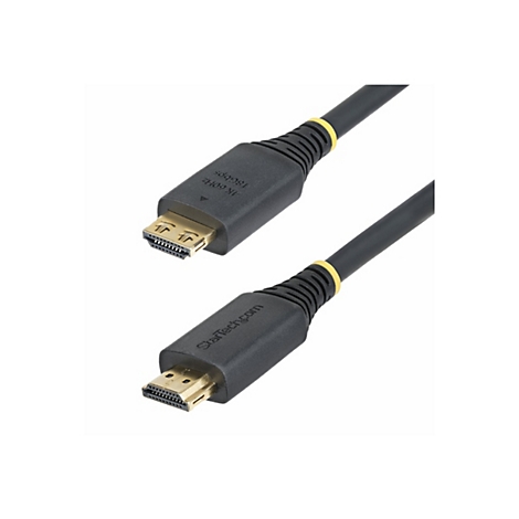 HDMI-Kabel. Schwarzes Kabel mit Steckern an beiden Enden. Auf einem Stecker steht "4K 60Hz 18Gbps".