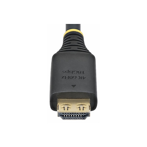 Nahaufnahme eines schwarzen HDMI-Kabels. Auf dem Stecker steht 4K 60HZ 18Gbps.