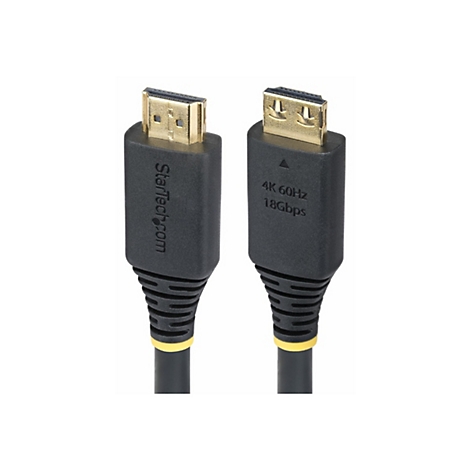 Zwei schwarze HDMI-Kabel mit goldenen Steckern. Auf einem ist "StarTech.com" und auf dem anderen "4K 60Hz 18Gbps" zu lesen.