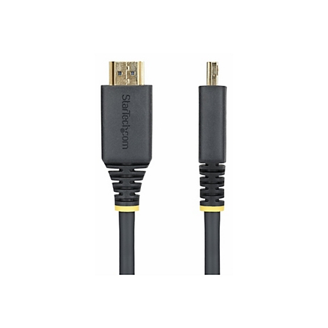 Ein schwarzes HDMI-Kabel mit goldenen Steckern. Auf der einen Seite steht 'StarTech.com'. Das Kabel ist vor weißem Hintergrund abgebildet.