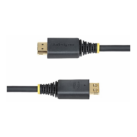 Zwei schwarze HDMI-Kabel mit goldenen Steckern und gelben Akzenten auf weißem Hintergrund.