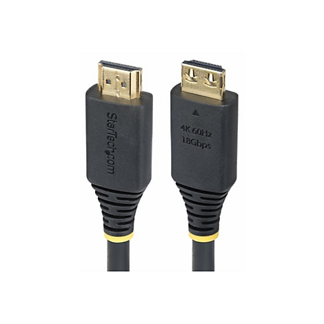 Zwei schwarze HDMI-Kabel mit goldenen Steckern. Auf einem ist "StarTech.com" und auf dem anderen "4K 60Hz 18Gbps" zu lesen.