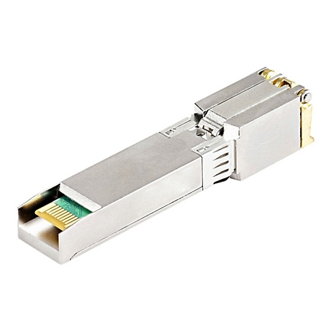 Metallfarbenes Netzwerkmodul, Platine mit goldenen Kontakten sichtbar. Gehäuse mit silbernen Elementen und goldenen Akzenten.