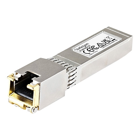 Metallfarbener SFP-Transceiver mit Goldfarbenem Stecker und Aufklebern. Schriftzüge: StarTech.com, 813874B21ST, Made in China.