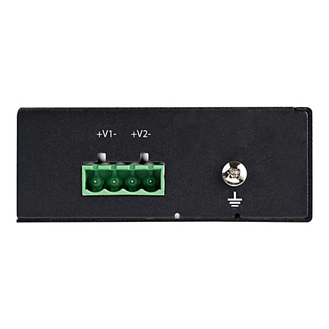 Schwarzes Elektronikgehäuse mit grünen Anschlussklemmen und Beschriftung. Links: +V1- +V2-. Rechts: Erdungssymbol.