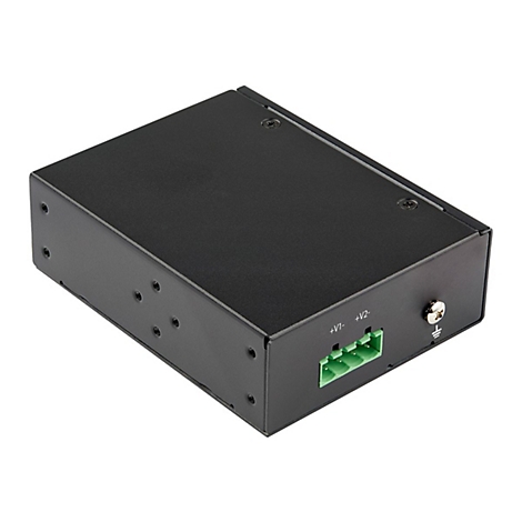 Schwarzer Metallkasten mit grünen Anschlüssen und Schrauben.