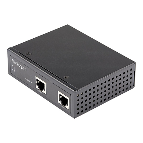 Schwarzer PoE-Injektor, StarTech.com-Logo, Anschlüsse für Daten und PoE-Out, Mode A.