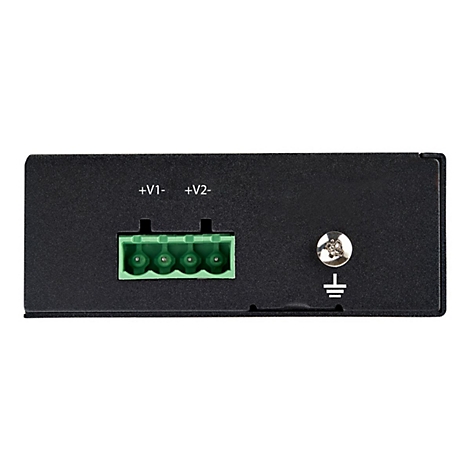 Schwarzes Elektronikgehäuse mit grünen Anschlüssen und Beschriftung +V1- +V2- . Rechts Schraube und Erdungssymbol.