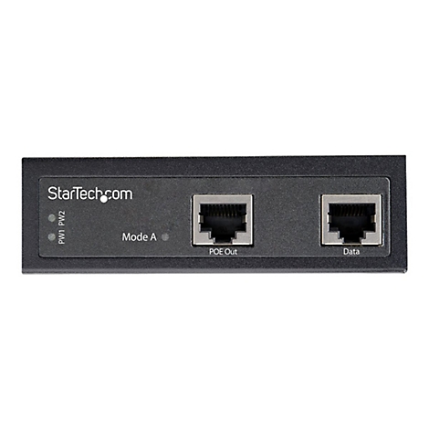 Schwarzer PoE-Injektor von StarTech.com mit Anschlüssen für Strom und Daten. Text: StarTech.com, PW1, PW2, Mode A, POE Out, Data.