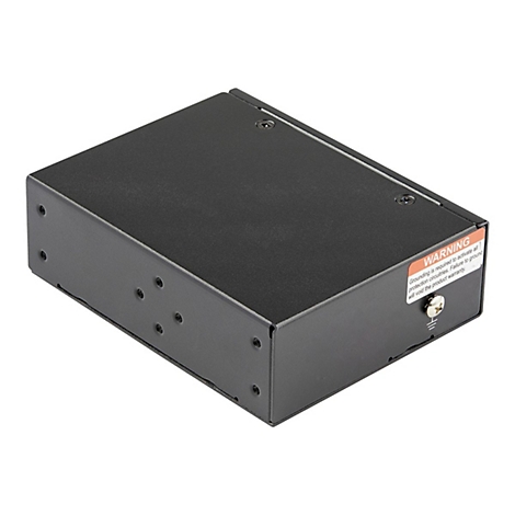 Schwarzes Elektronikgerät mit Warnhinweis: Erdung erforderlich, um alle Schutzschaltungen zu aktivieren.