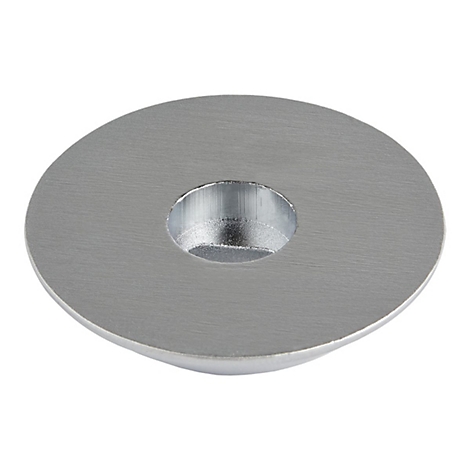 Silberne, runde Metallscheibe mit Loch in der Mitte, gebürstete Oberfläche.