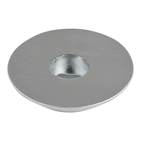 Silberne, runde Metallscheibe mit Loch in der Mitte, von oben fotografiert.