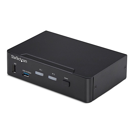 Schwarzer USB-Umschalter mit StarTech.com Logo, HID-Anschluss, USB 3.0, PC1, PC2 und Auswahltaste.