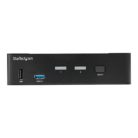 Commutateur USB noir avec logo StarTech.com, port USB 3.0, 2 entrÃ©es et bouton Select.