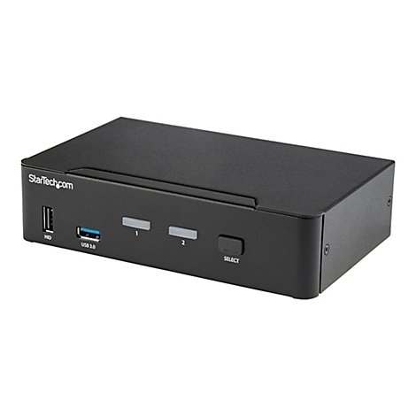 Commutateur KVM noir. Avec ports et boutons pour la sÃ©lection des appareils. Inscription : StarTech.com.