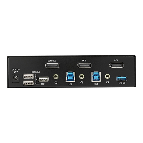Commutateur KVM noir avec ports pour l'alimentation, l'USB, le HDMI, l'audio et les Ã©crans.