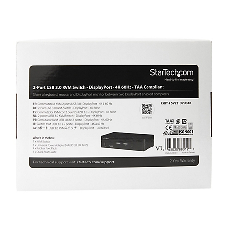 BoÃ®te blanche avec texte noir et une image du produit. Les textes incluent Commutateur KVM 2 ports USB 3.0, StarTech.com et des spÃ©cifications techniques.