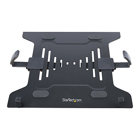 Schwarzer LaptopstÃ¤nder mit Halterungen und Logo StarTech.com.