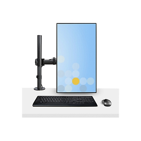 Ein Monitor mit blauen Farbverlauf, montiert auf einer schwarzen Halterung, liegt auf einem Schreibtisch. Darunter befinden sich Tastatur und Maus.