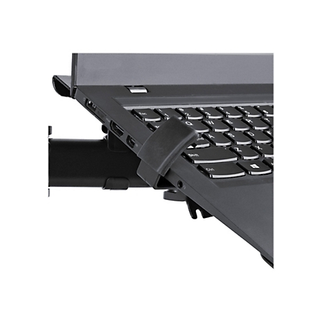 Schwarzes Notebook, aus schrÃ¤ger Perspektive fotografiert. Ein Teil der Tastatur ist zu sehen, sowie ein schwarzes Montagesystem.