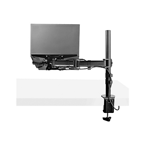 Ein Monitorarm, an einer Tischplatte befestigt. Der Monitor ist nicht sichtbar, der Arm ist aus Metall.