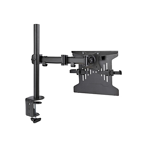 Schwarze Monitorhalterung fÃ¼r einen Schreibtisch mit Klemme. Der Monitor ist horizontal ausgerichtet und kann in der HÃ¶he verstellt werden.