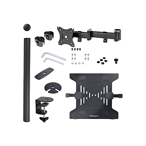 Zusammenstellung eines schwarzen Monitorarms mit Einzelteilen wie Halterungen, Schrauben, und Sockel.