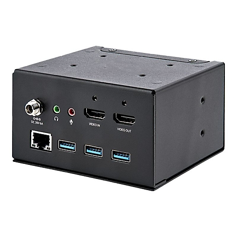 Schwarzer Mini-Computer mit Anschlüssen für Audio, Video, USB, Netzwerk. Beschriftung: Video In/Out, USB 3.0, DC 20V 6A.