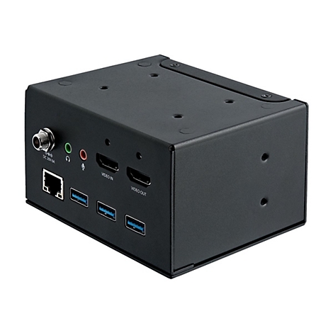 Schwarzer HDMI-Switch mit diversen Anschlüssen: LAN, USB, Audio, Video. DC 20V 6A.