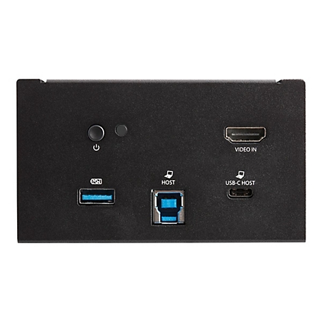 Schwarzes Gerät mit HDMI, USB und USB-C Anschlüssen. Beschriftungen: Video IN, USB-C HOST, HOST. Oben: Ein-Aus-Knopf und Kontrollleuchte.