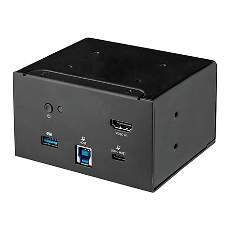 Schwarzer HDMI-Switch mit Power-Knopf, Anschlüssen für USB und Video-Eingang. Beschriftungen: Video In, USB-C-Host, Host.