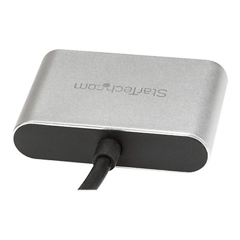 Adaptateur gris et rectangulaire avec cÃ¢ble noir, impression : StarTech.com.