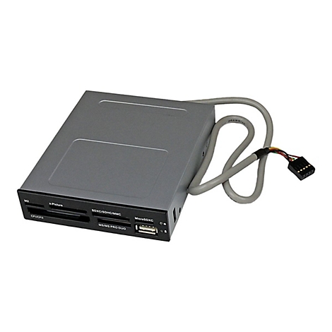 Lecteur de cartes gris avec câble, différents emplacements et port USB. Inscription: M2, x-Picture, SDXC/SDHC/MMC, CFII/CFII, MS/MS PRO DUO.