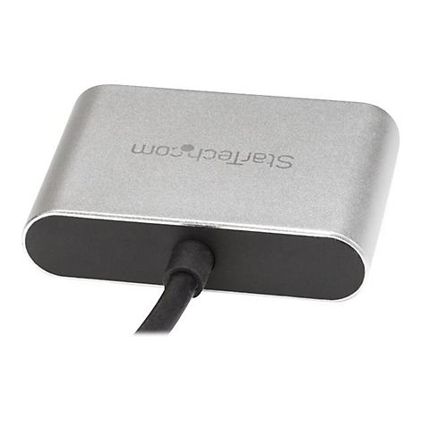 Adaptateur argenté avec dessous noir et câble; logo StarTech.com.