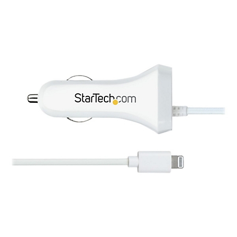 Weißes Autoladegerät mit Lightning-Anschluss, StarTech.com Logo.